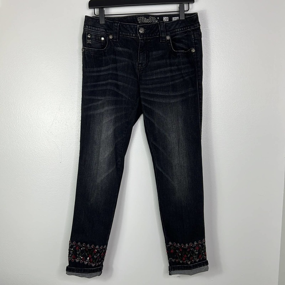 MISS ME Signature Cuffed Skinny Black Embellished & Embroidered Jeans Womens 29